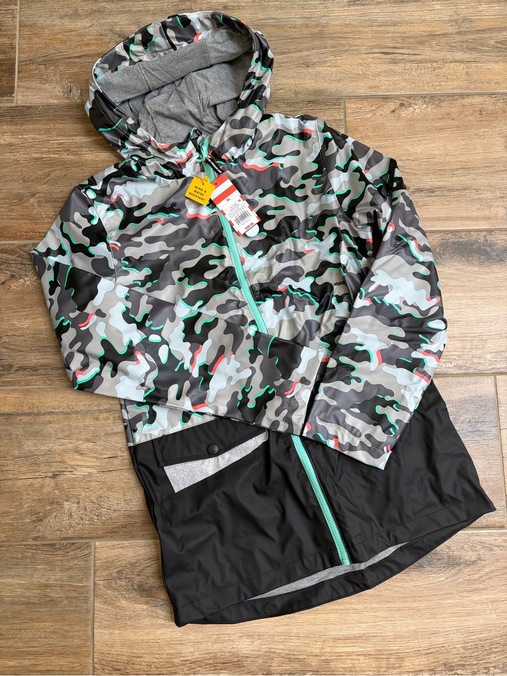 Cat & Jack Kids Camo Raincoat - Gray, Black, Teal Accents